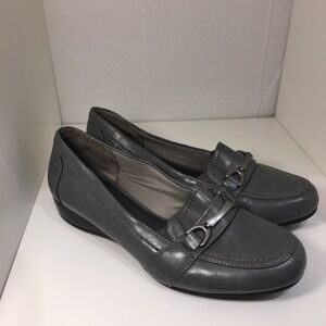 Life Stride Women's Charcoal Leather Slip-On Loafers with Metal Accent
